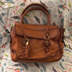 Elegant Tan Leather Satchel with Tassel